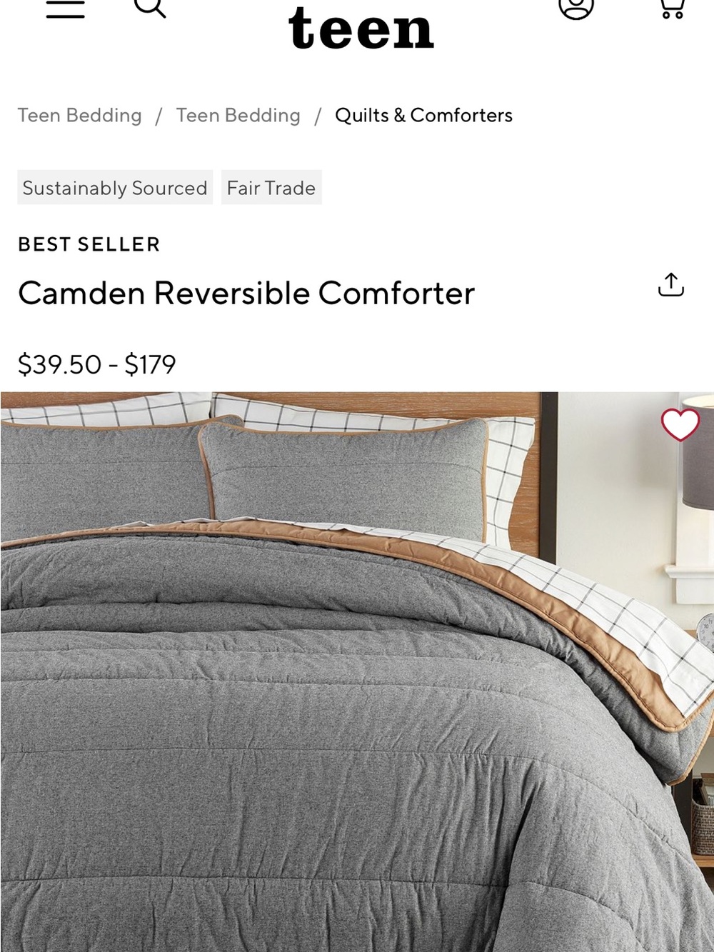 Pottery Barn Teen Camden Reversible Comforter in Gray and Tan
